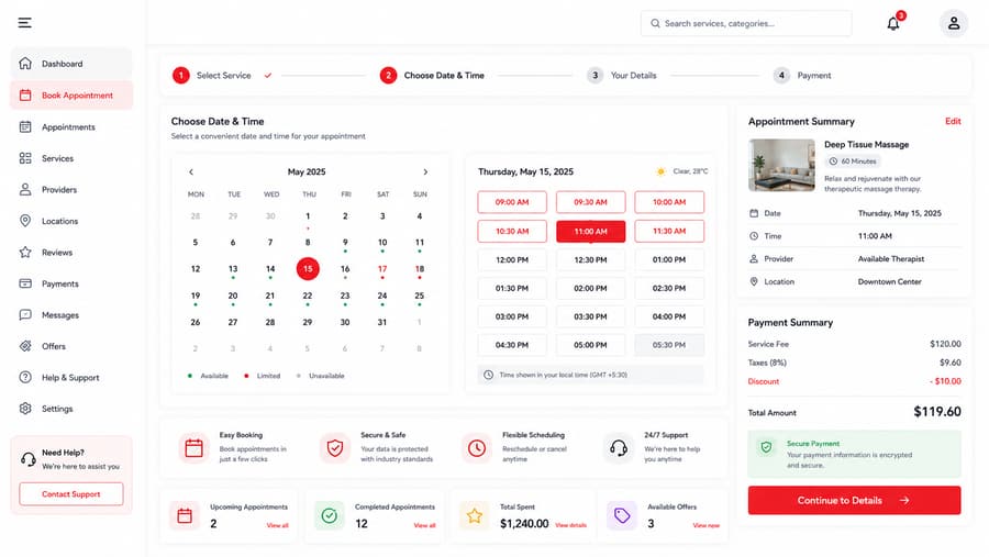 Appointment booking screen with calendar, time slots, and payment summary
