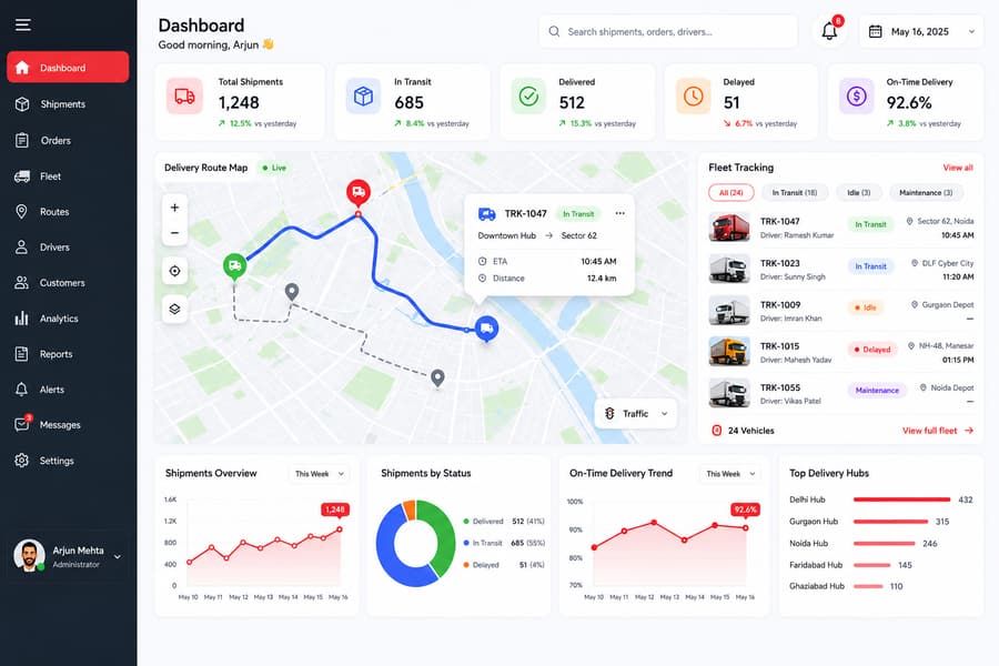 Fleet tracking dashboard showing live delivery routes and shipment status