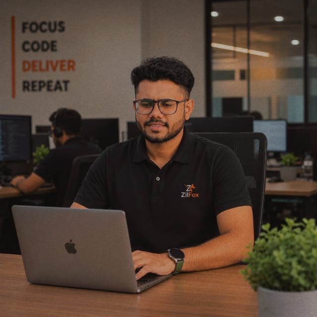 Sunil Sharma, Founder & Chief Technology Strategist of ZilFox Technologies, at work in the Kathmandu office