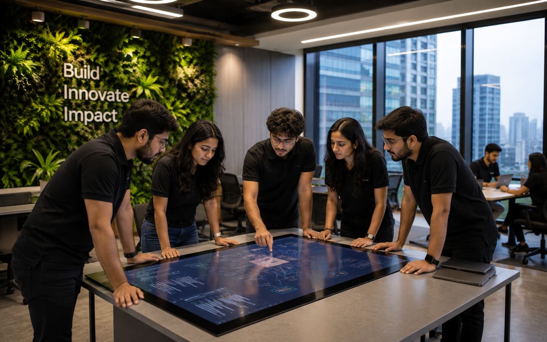 Team gathered around a digital planning board in the office